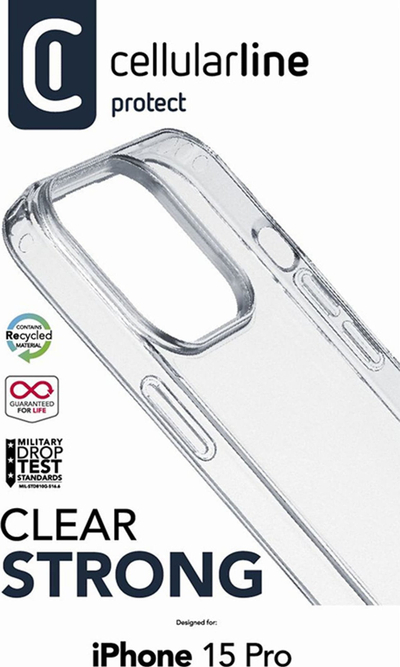 Futollë telefoni Cellularline Clear Strong për iPhone 15 Pro, me mbrojtje ushtarake, transparente