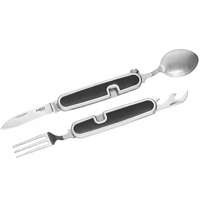 Takëm turistik NEO 4 në 1, çelik inox, i palosshëm, gri