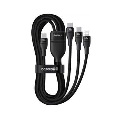 Kabllo karikimi Baseus Flash3 3 në 1, USB‑C në C C Lightning, 100W 1.5m, e zezë