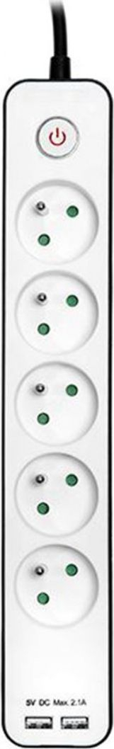 Продолжен приклучок Tracer Zebra, 5 места, 1.5 m, 2x USB 2.1A, бело и црно