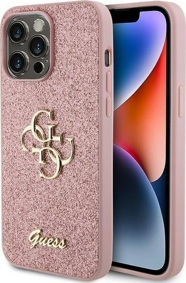 Mbulesë telefoni Guess Glitter Script Big 4G për iPhone 15 Pro Max 6.7\", rozë