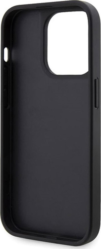 Këllëf telefoni Guess me gurë vezullues, me logo trekëndore, për iPhone 14 Pro, plastike e butë, i zi