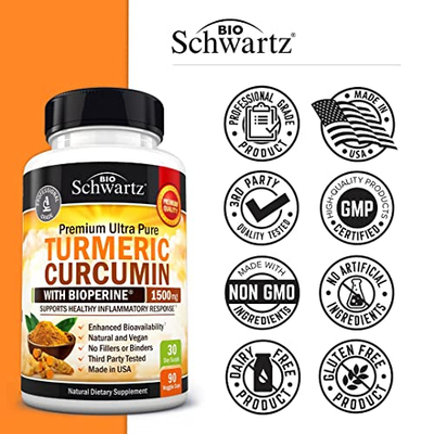Suplement BioSchwartz me shafran Indie (Turmeric Curcumin), 1500mg, me BioPerine, 90 kapsula
