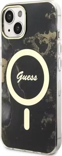 Mbulesë telefoni Guess Golden Marble, për iPhone 14 Plus 6.7", hardcase, MagSafe, e zezë