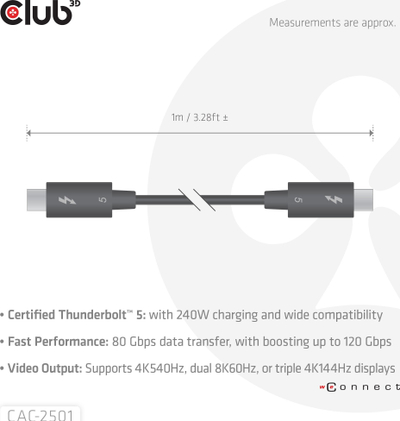 Kabllo USB C Club3D CAC-2501, Thunderbolt 5, 1m, 240W, e zezë
