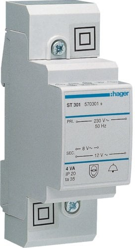 Transformator zile Hager ST301, 8V 12V, 0.5A, me mbrojtje qark të shkurtër