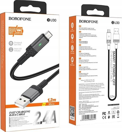 Kабел USB Borofone BU30 Lynk Smart Power Off, USB во Micro USB, 1.2m, 2.4A, црн