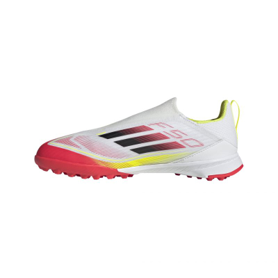 Këpucë futbolli për bar sintetik Adidas F50 League Laceless Junior, pa lidhëse, të bardha