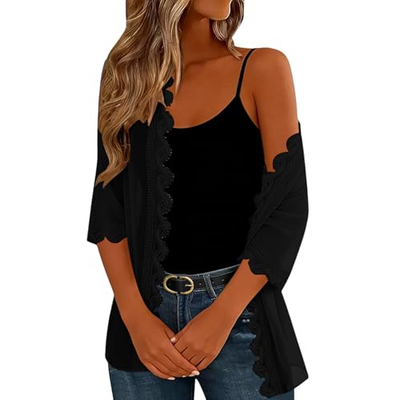 Kardigan kimono për gra, veror, mëngë 3 4, L, i zi