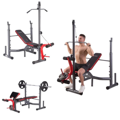 Stol multifunksional për shtangë HMS LS7206, me kabllo të sipërme, kapacitet 200 kg, gri me të kuqe