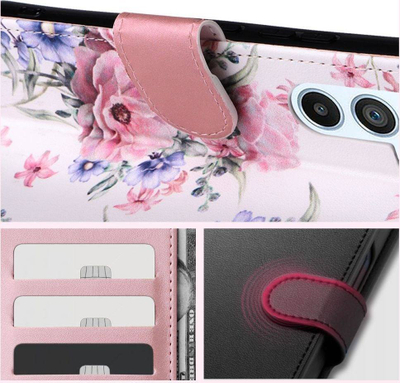 Etui portofol Tech-Protect Wallet për Xiaomi Redmi 12, lëkurë ekologjike, me xhepa për karta, me lule në sfond të bardhë
