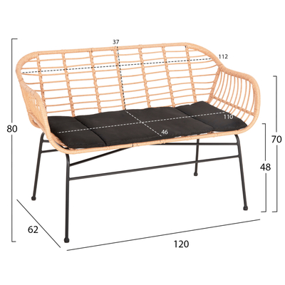 Stol oborri Allegra HM6077, metal dhe ratan P.E., 120x62x80 cm, bezhë me jastëk të zi