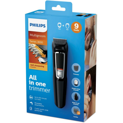 Trimer Philips Multigroom Series 3000 MG3740/15, për mjekër dhe flokë, pa kabllo, i zi