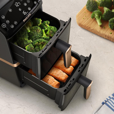 Fritezë ajri Philips OVI Stacked Dual Basket NA462/80, dy shporta, kontroll elektronik, e bardhë