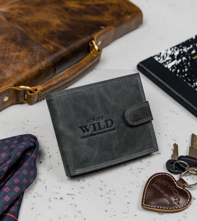 Паричник за мажи Always Wild Leather Collection, нубук кожа, RFID Protect, темно сив