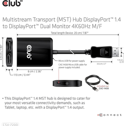 Adapter MST Club3D CSV-7200 DisplayPort 1.4 në 2x DisplayPort, 4K 60Hz, i zi