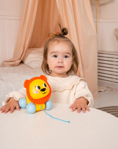 Lodër tërheqëse Kids Hits Lion, shtyje dhe tërhiqe, edukative, e verdhë