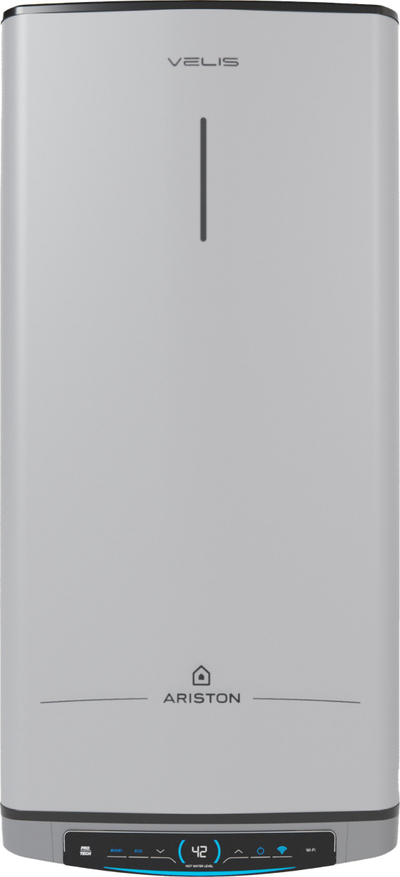 Bojler elektrik Ariston Velis Tech Wifi 80, 80L, për tu var në mur horizontal edhe vertikal, ngjyrë argjendtë