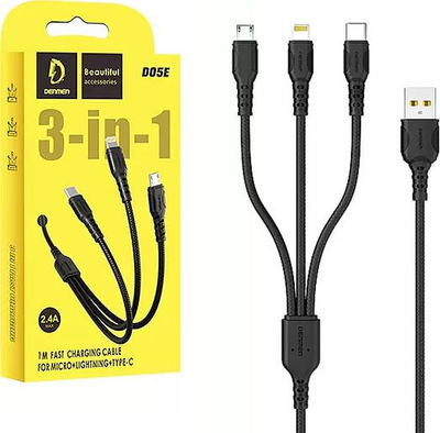 Kabllo USB Denmen 29360, USB A në USB C microUSB Lightning, 1 m, e zezë