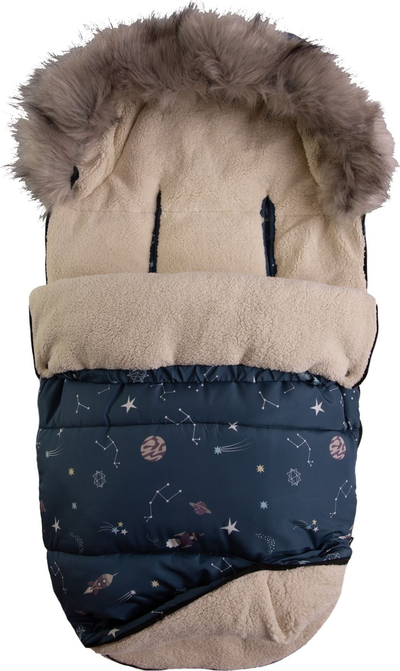 Qese dimërore për karrocë BabyMatex Venus, 100cm, me muff, blu navy me motive kozmike
