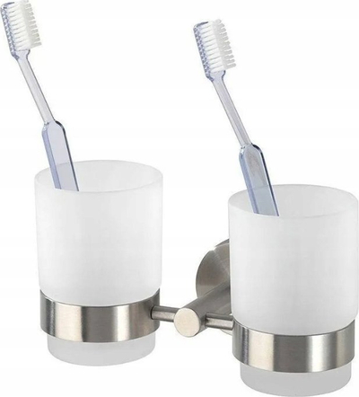 Mbajtëse furçash dhëmbësh për mur Wenko BOSIO, 2 gota xhami, metal, ngjyrë argjendi