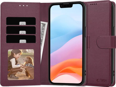 Mbulesë telefoni Tech-Protect Wallet për iPhone 16E, me xhepa për karta, funksion për ta bë TV, ngjyrë mulberry
