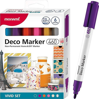 Markerë akrilikë Monami Deco Marker, set 6 ngjyra, majë 2mm, shumëngjyrëshe