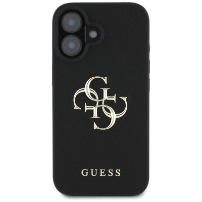 Kapak telefoni Guess Grained Big 4G Logo për iPhone 16 6.1", eko lëkurë, i zi