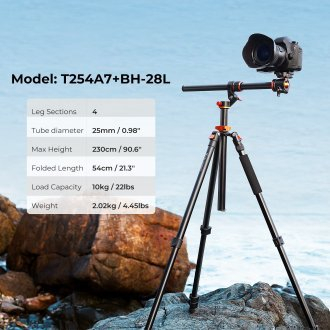 Tripod alumini K&F Concept 90, 2.3m, kolonë horizontale, monopod që kthehet