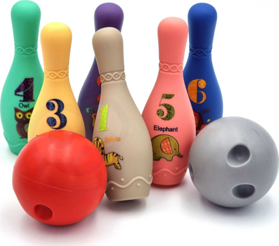 Lojë bowling sensorike Woopie Baby, 8 copë, plastike e butë, shumëngjyrëshe