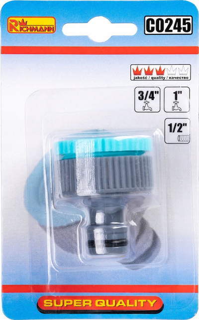 Adaptern i rubinetit Richmann C0245, 1" me adapter 3/4", për zorrë 1/2", gri me blu