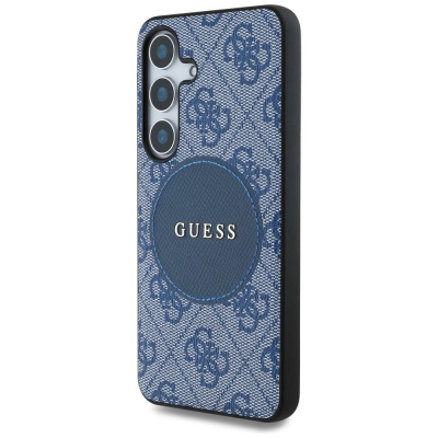 Maskë telefoni Guess 4G Round Patch Classic MagSafe për Samsung Galaxy S25 Plus, TPU PC lëkurë eko, blu