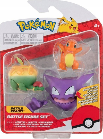 Set figura Pokemon Jazwares Battle Figure, 3 copë 5 cm, Charmander Appletun Haunter, shumëngjyrëshe