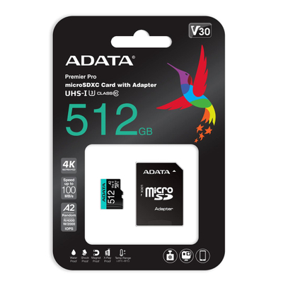 Kartë memorie ADATA Premier Pro microSDXC, 512GB, Class 10 UHS-I U3 A2 V30