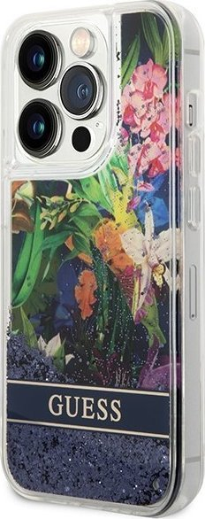 Kapak telefoni Guess Flower Liquid Glitter për iPhone 14 Pro Max, hardcase, blu