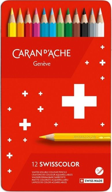 Set lapsa akuarel Caran d'Ache Swisscolor, 12 copa, kuti metalike, shumëngjyrësh