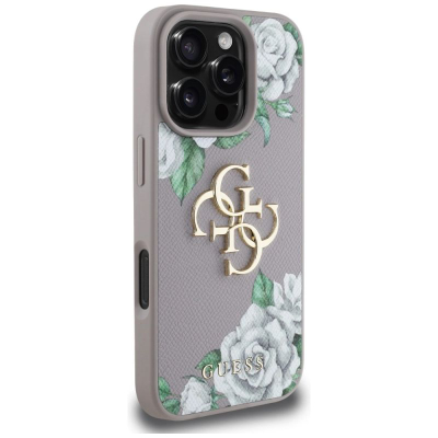 Kapak telefoni Guess Grained Roses Big 4G, për iPhone 16 Pro, me logo, lejla