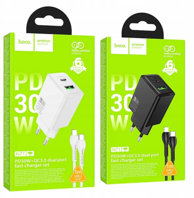 Karikues udhëtimi Hoco N71, 30W GaN, USB-C edhe USB-A, i bardhë