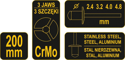 Riveter dore VOREL 70035, 200 mm, për nite 2.4 4.8 mm, i zi