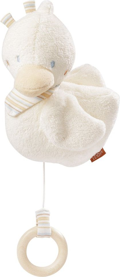 Lodër pelushi muzikore BabyFehn Duckling, 18 cm, për bebe, e bardhë