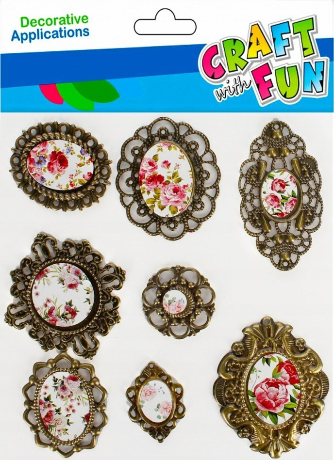 Ornamente dekorative Craft with Fun, korniza metalike, set 8 copë, shumëngjyrëshe