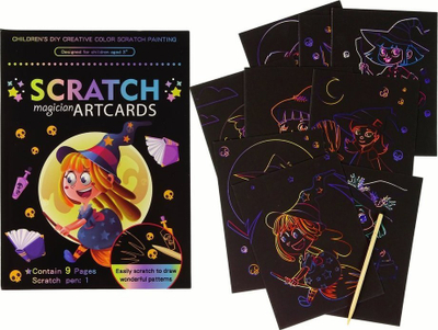 Set vizatimi me gërvishtje Scratch off Coloring Magic Witch, 9 figura, për fëmijë