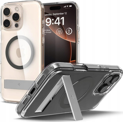 Mbulesë telefoni Spigen Ultra Hybrid S MagSafe për iPhone 16 Pro Max, transparente, me mbajtëse, grafit