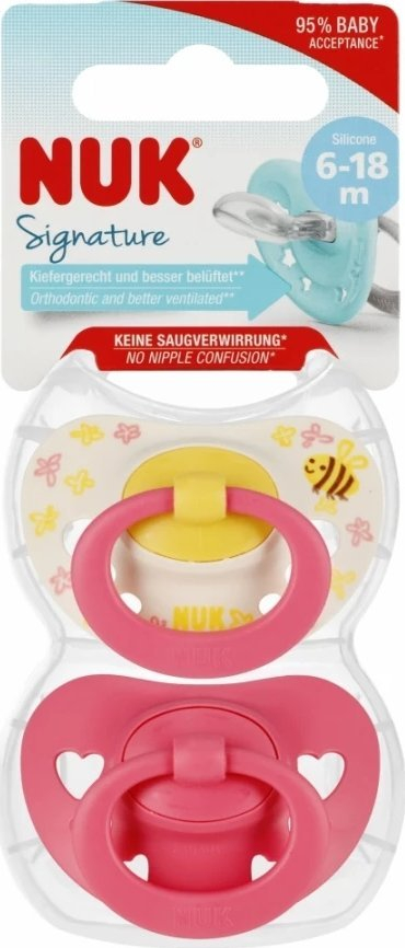 Biberon qetësues NUK Signature, silikon pa BPA, 6–18 muaj, 2 copë, zemra rozë