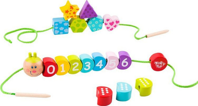 Lodër druri me fije Tooky Toy Build Your Own Caterpillar, forma dhe numra, shumëngjyrëshe