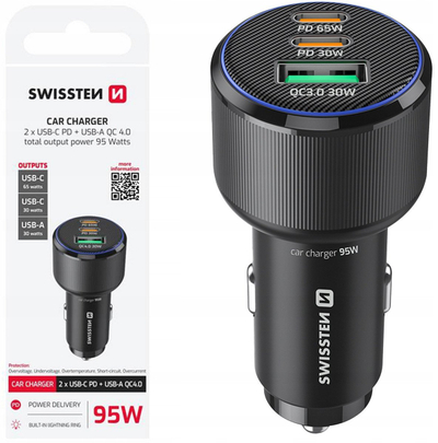 Karikues veture Swissten Car Charger, 95W, 2x USB-C PD 1x USB-A QC 3.0, i zi