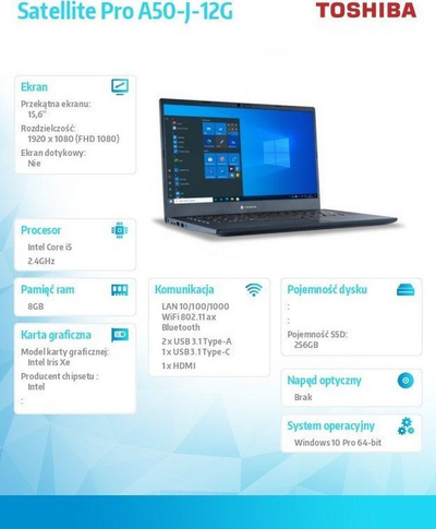 Laptop Toshiba Satellite Pro A50-J-12G, 15.6'', 8GB, Intel Core i5-1135G7, i zi