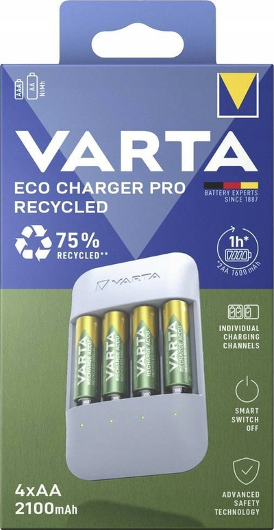 Karikues baterish Varta Eco Pro 57683101121, AA dhe AAA NiMH, karikim i shpejtë, me mbështjellës të ricikluar
