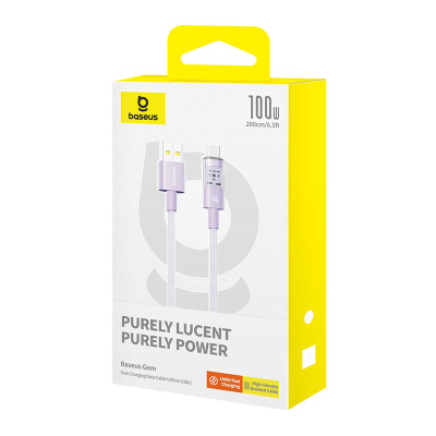 Кабел за полнење Baseus Gem, USB во USB Type-C, 100W, 2m, виолетов