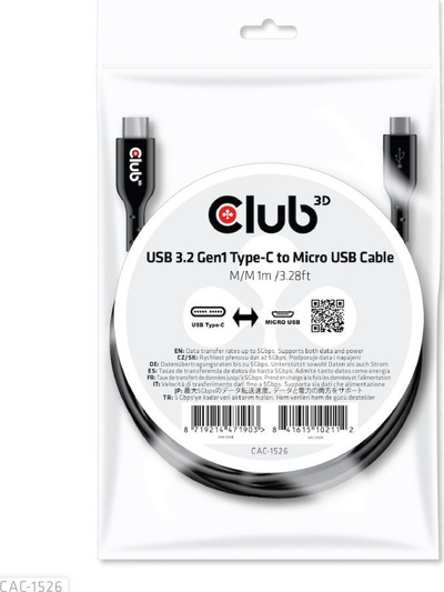Kabllo USB Club 3D USB-C - microUSB, 1m, e zezë